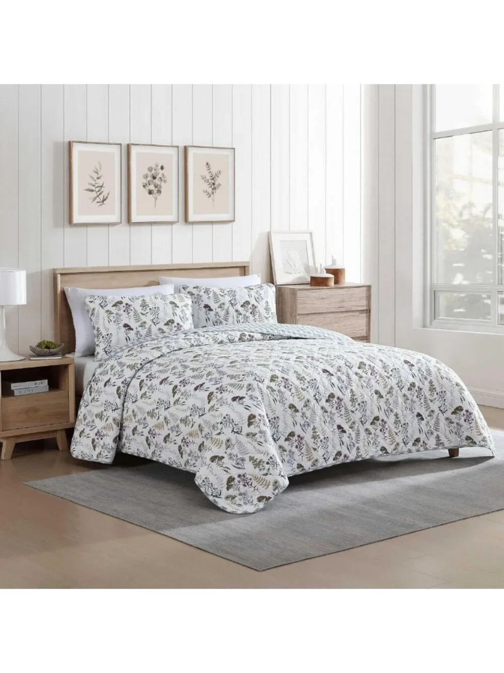 Reversible King Quilt Set - Cotton Bedding, Floral & Plaid Shams, Home Decor